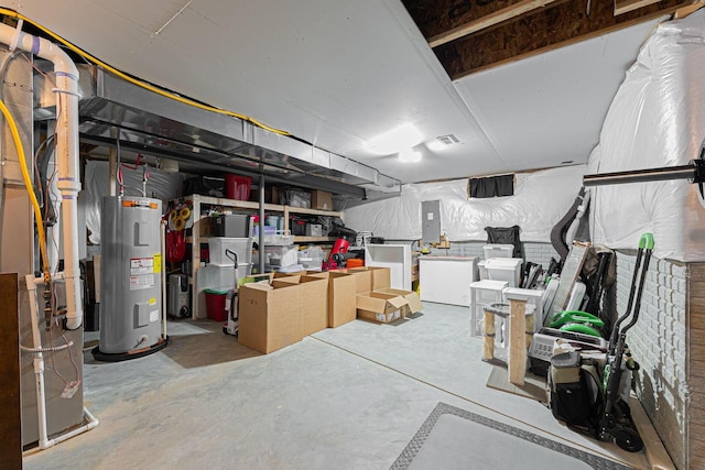 basement with electric panel and electric water heater