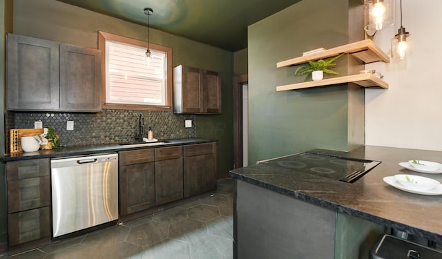 kitchen with dishwasher, sink, hanging light fixtures, dark brown cabinets, and black electric cooktop