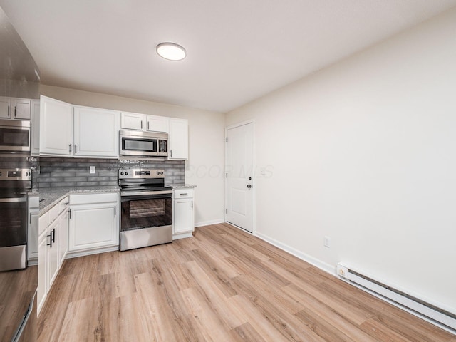 kitchen with light hardwood / wood-style flooring, baseboard heating, white cabinets, stainless steel appliances, and backsplash