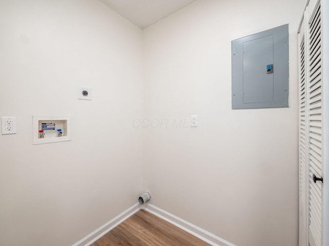 clothes washing area featuring washer hookup, wood-type flooring, electric panel, and electric dryer hookup