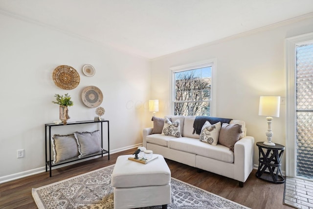 living area featuring dark wood-style floors, baseboards, and ornamental molding