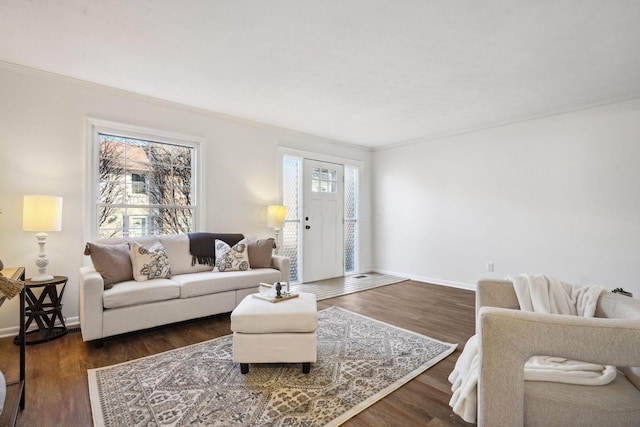 living area featuring baseboards, dark wood finished floors, and ornamental molding