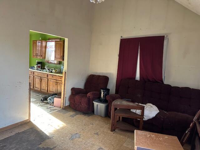 living room featuring high vaulted ceiling