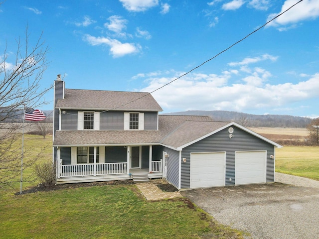 farmhouse-style home featuring a garage, a front yard, and a porch