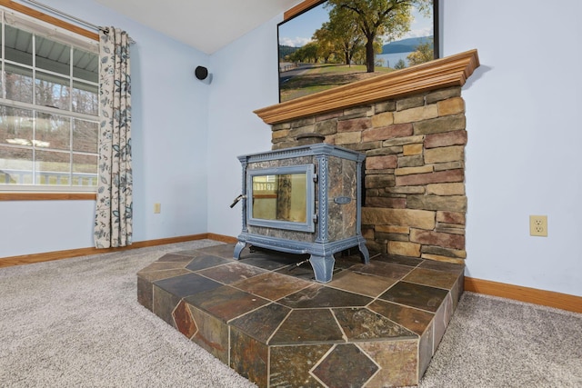 interior details featuring carpet and a wood stove