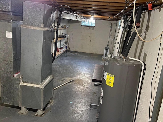 utility room featuring heating unit and water heater