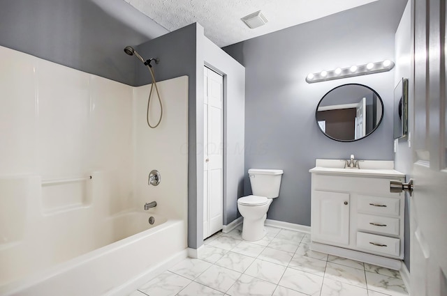 full bathroom with visible vents, toilet, shower / bathtub combination, marble finish floor, and a textured ceiling