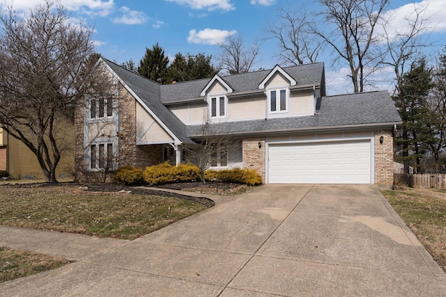 traditional-style home with brick siding, concrete driveway, roof with shingles, an attached garage, and stucco siding