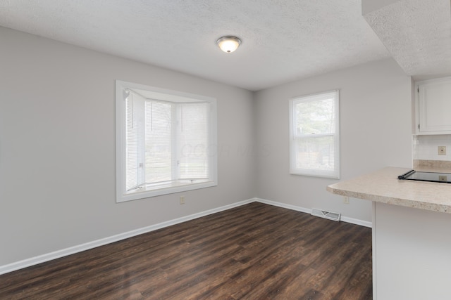 unfurnished dining area with a textured ceiling, dark wood-type flooring, visible vents, and baseboards