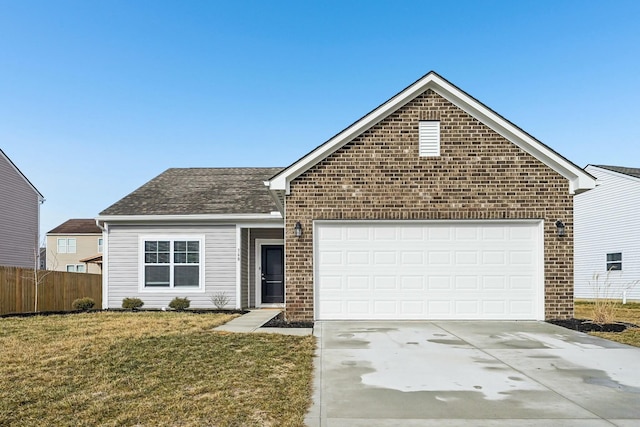 ranch-style home featuring a garage, a front lawn, and brick siding