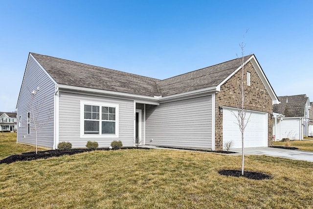 ranch-style home featuring a garage, concrete driveway, brick siding, and a front yard