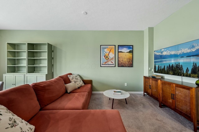 carpeted living area with baseboards and a textured ceiling