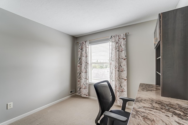 office featuring light carpet and a textured ceiling