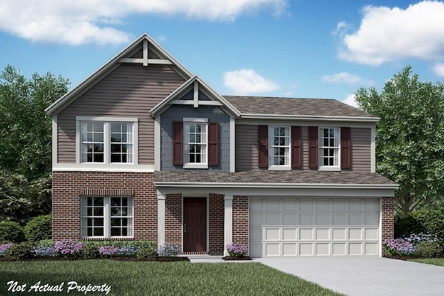 view of front facade with concrete driveway, a garage, and brick siding