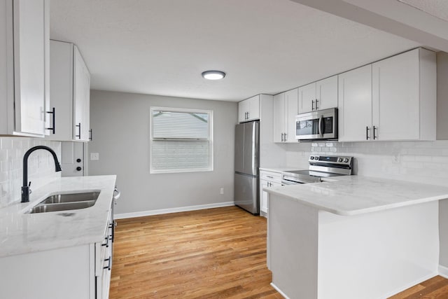 kitchen featuring sink, appliances with stainless steel finishes, white cabinetry, light hardwood / wood-style floors, and kitchen peninsula