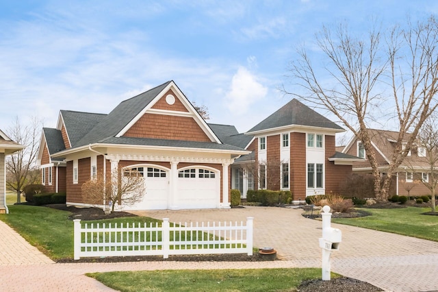 view of front of property with a front lawn, driveway, a fenced front yard, roof with shingles, and a garage