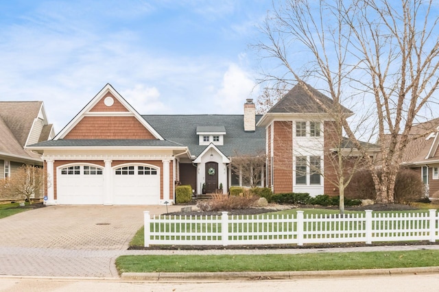 view of front of property featuring decorative driveway, a garage, a fenced front yard, and a chimney