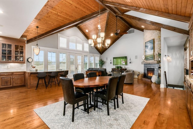 dining room featuring light wood-type flooring, beam ceiling, visible vents, a stone fireplace, and wooden ceiling