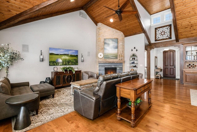 living room featuring visible vents, beam ceiling, light wood-style floors, wooden ceiling, and a fireplace