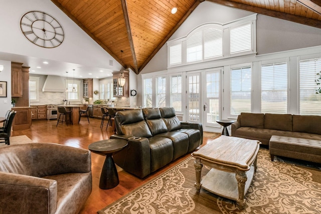 living area featuring high vaulted ceiling, wood finished floors, and wooden ceiling