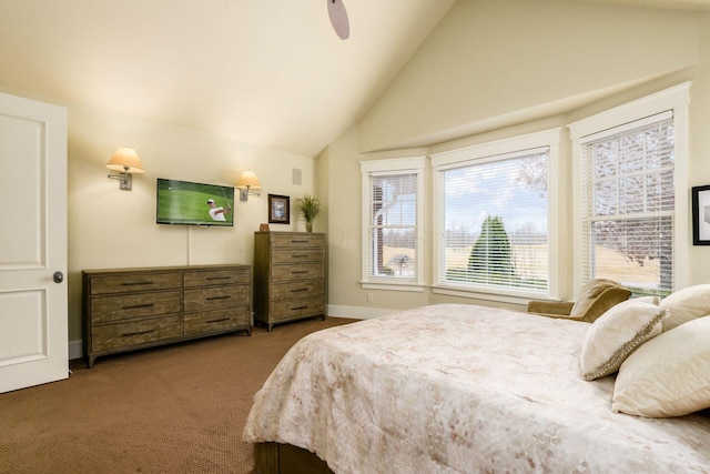 carpeted bedroom featuring lofted ceiling, a ceiling fan, and baseboards