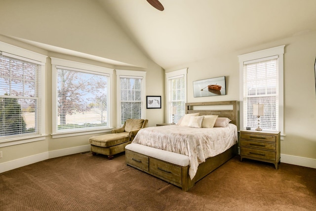 carpeted bedroom featuring ceiling fan, high vaulted ceiling, and baseboards