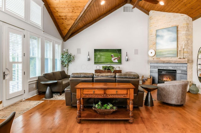 living area featuring wood finished floors, visible vents, high vaulted ceiling, a stone fireplace, and wooden ceiling