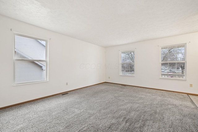 carpeted empty room with a textured ceiling