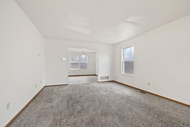 carpeted empty room with a textured ceiling and a healthy amount of sunlight