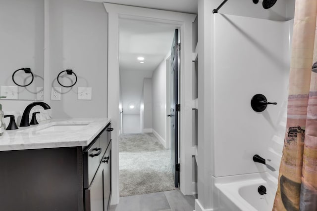 bathroom with vanity and shower / bath combo with shower curtain