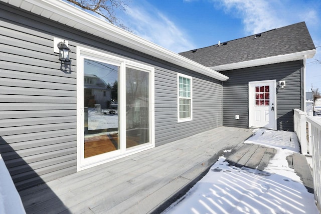 view of snow covered deck