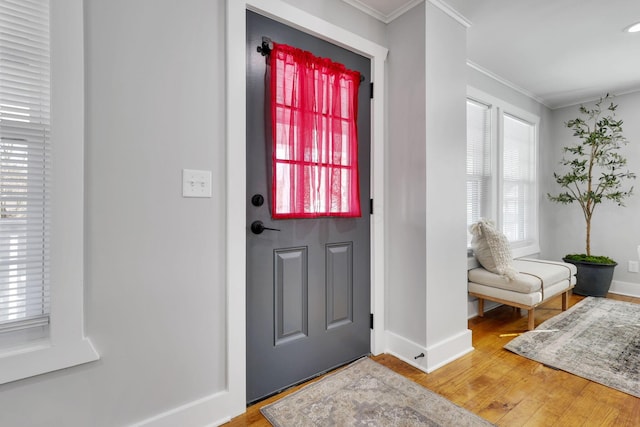 foyer entrance with hardwood / wood-style flooring, crown molding, and plenty of natural light