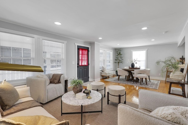 living room with light hardwood / wood-style floors and ornamental molding