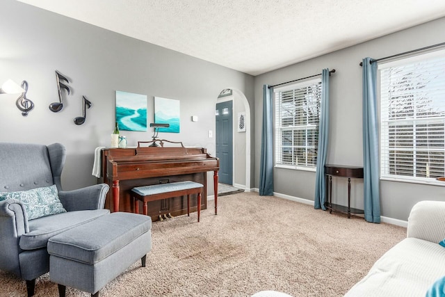 living area featuring light carpet, baseboards, arched walkways, and a wealth of natural light