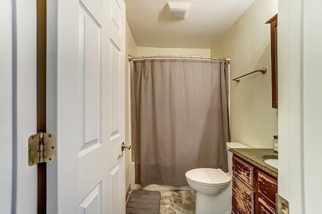 full bathroom with toilet, vanity, and shower / bathtub combination with curtain