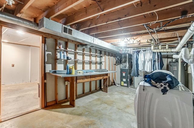 basement with heating unit and water heater