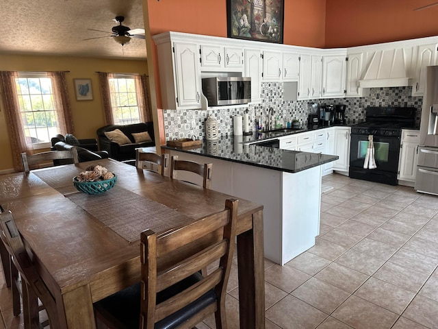 1048 Parkway Dr, Logan, OH 43138 - kitchen featuring a peninsula, premium range hood, white cabinets, appliances with stainless steel finishes, and dark countertops