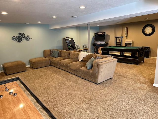 1048 Parkway Dr, Logan, OH 43138 - living room featuring carpet, recessed lighting, a textured ceiling, billiards, and baseboards