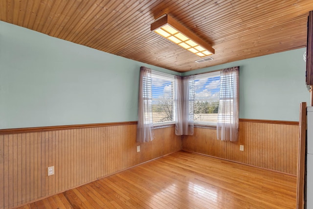 empty room featuring wood ceiling, wooden walls, and light wood-type flooring