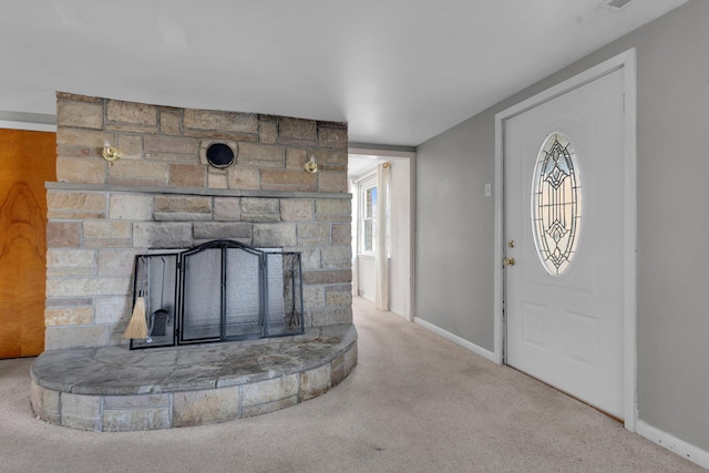 details with a fireplace and carpet flooring