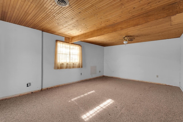 unfurnished room with wood ceiling, ceiling fan, and carpet flooring