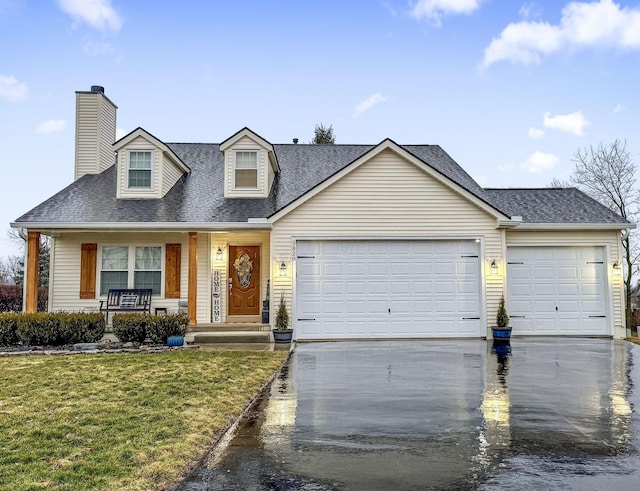 view of front of home featuring a garage, a front yard, and covered porch