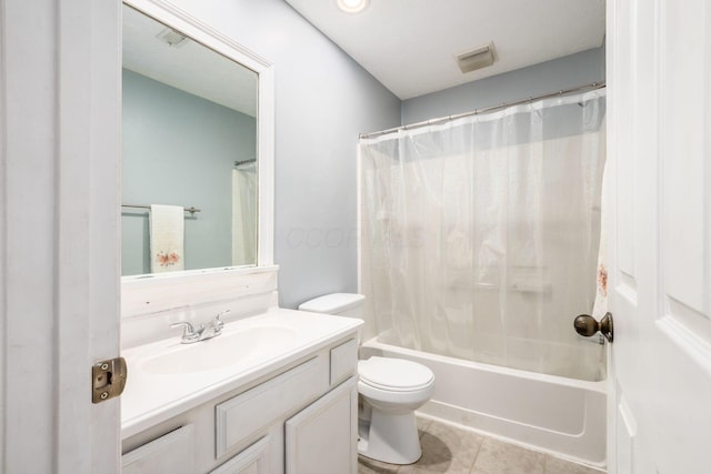 full bath featuring toilet, visible vents, vanity, tile patterned floors, and shower / bath combination with curtain