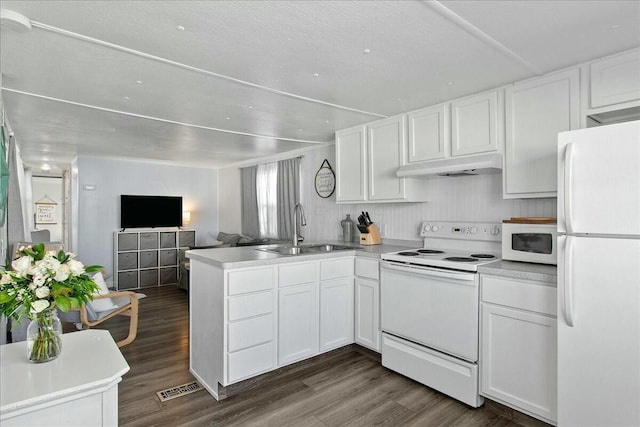 kitchen featuring sink, white appliances, dark wood-type flooring, and white cabinets