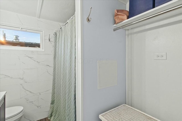 bathroom with vanity, toilet, and a shower with shower curtain