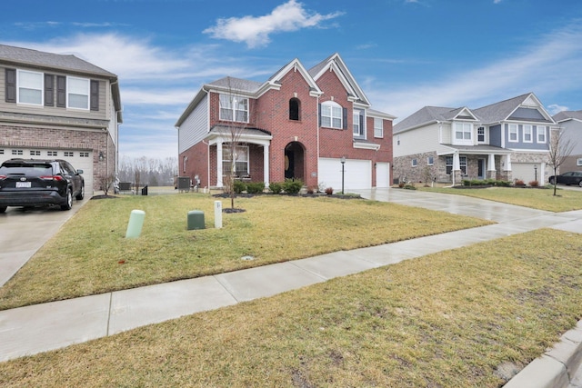 view of front of house featuring central AC unit, a garage, and a front yard