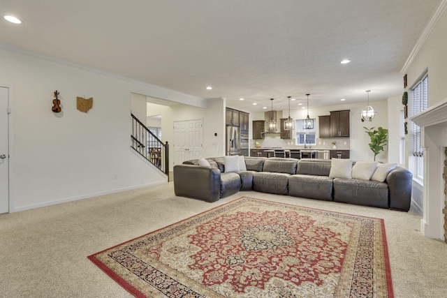 living room featuring crown molding and light colored carpet