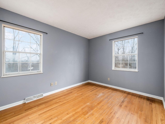 spare room with light hardwood / wood-style floors, a textured ceiling, and a wealth of natural light