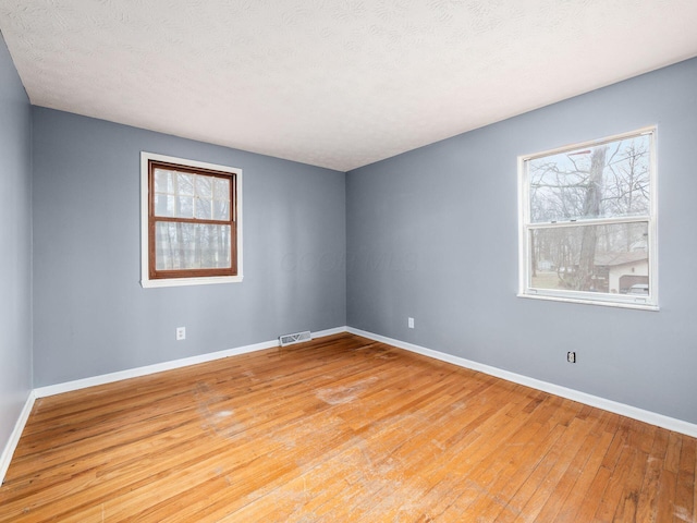 spare room featuring light wood-type flooring, a textured ceiling, and a wealth of natural light