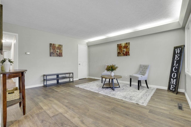 living area with wood-type flooring and a textured ceiling